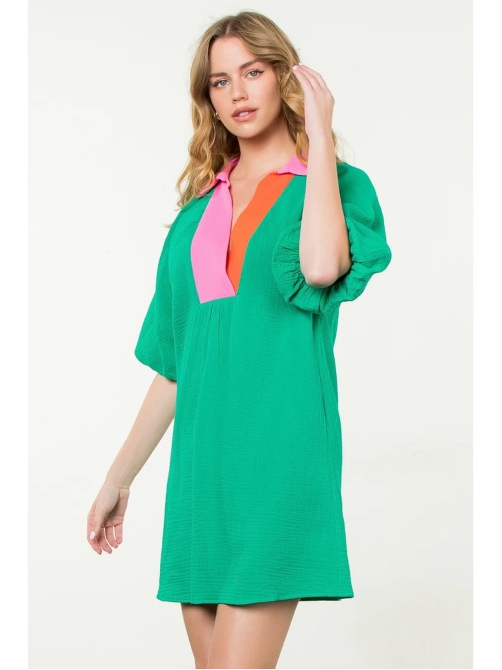 THML Green Contrast Collared V-Neck Puff Sleeve Dress - Picture 2 of 8